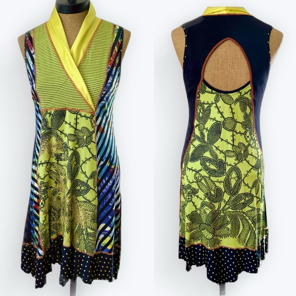 Colorful Brazilian swing dress sleeveless cut out back patchwork raw hem ruffle​